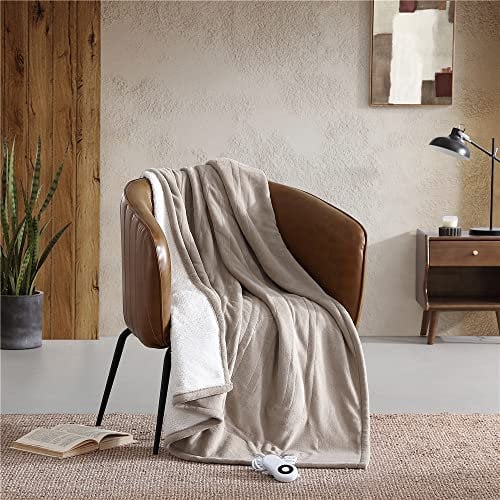 Shabby Chic - Beheizte Überwurfdecke, super weiche und plüschige Bettwäsche mit Sherpa-Rückseite, wärmende Heimdekoration für Bett oder Couch (Khaki, Überwurf)