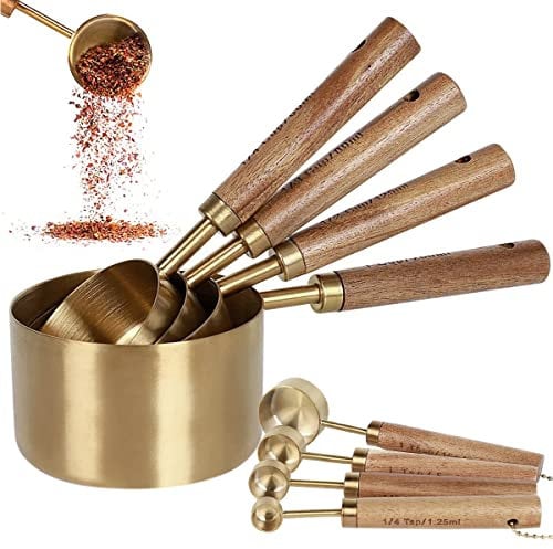 SDYGDB 8-Pc Gold Measuring Cup & Spoon Set with Wooden Handle - Stainless Steel Stackable Measure Set - Baking & Kitchen Accessories