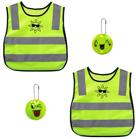 2 chalecos reflectantes de alta visibilidad, 2 colgantes reflectantes para mochilas escolares, chaleco de seguridad para niños, chaleco transpirable amarillo fluorescente, tamaño universal para niños.
