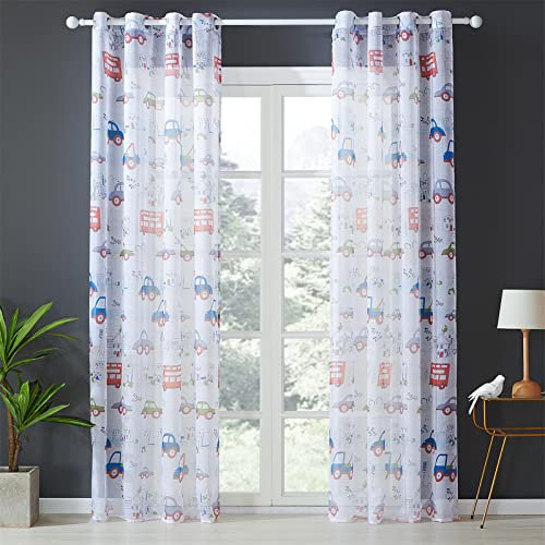 NCWANG Gardinen Vorhang halbtransparent mit Ösen,Gardinen Wohnzimmer,Ösenvorhang Transparent Vorhang für Kinderzimmer Wohnzimmer Schlafzimmer,2er Set 260x140 cm(HöhexBreite), Cartoon-Auto für Kinder