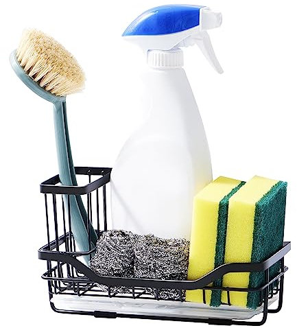 Sink Caddy, Kitchen Sink Organiser with Removable Drip Tray, Washing up Dish Sponge Holder for Kitchen Tidy (Black)
