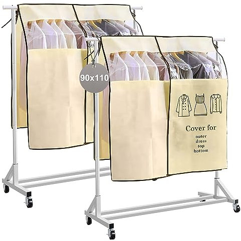 EXLECO Lot de 2 Housse Protège Housses de Vêtements 90 × 110cm Housse de Anti-Poussière Protection Portant anti-humidité Universelle Garment Covers pour Tringle à Vêtements Beige