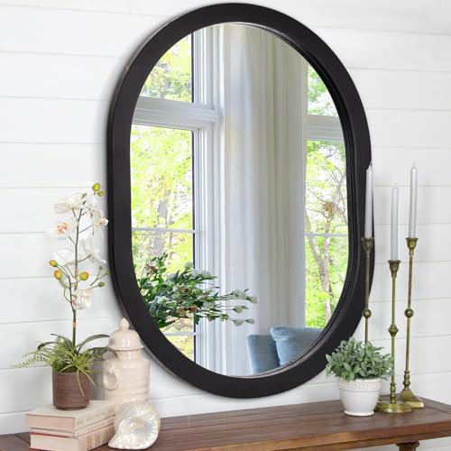 JJUUYOU Ovaler Spiegel für die Wand, runder Spiegel für Badezimmer, 40 x 50 cm, Spiegel mit Holzrahmen, Spiegel für Badezimmer, Make-up-Spiegel für Wohnzimmer, Schlafzimmer, Wohnheim