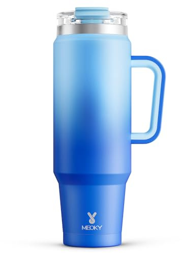 Meoky 40 oz Tumbler with Handle and Straw, Insulated Tumbler with Lid and Straw, Stainless Steel Travel Mug, Keeps Cold for 34 Hours, 100% Leak Proof, Fits in Car Cup Holder (Sky)