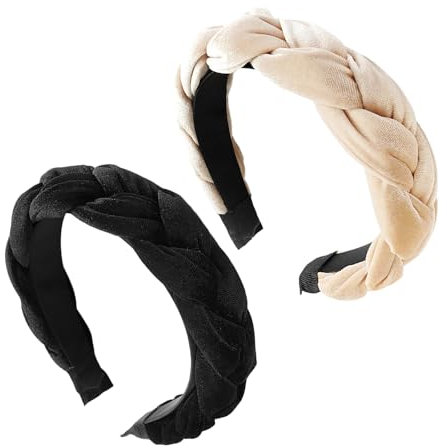 2 Stück Samt-Stirnbänder, Rutschfeste Stirnbänder, Geflochtene Stirnbänder, Damen-Make-up-Haarbänder, Make-up-Stirnbänder, Twist-Haarbänder, Dicke Stirnbänder (Beige, Schwarz)