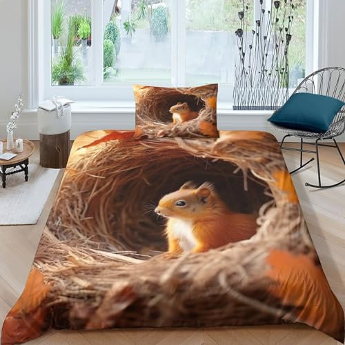 Cute Animals Bettbezug Schlafhilfe Eichhörnchen Steppdeckenbezug Mit Liebe Bed Linen Sets Wärme Zum Schlafen Bettdeckenbezug Verschiedene Größen Bettwäsche Set Single(135x200cm)
