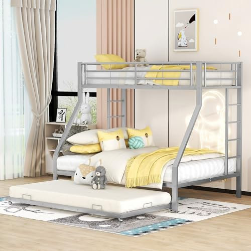 KnSam Etagenbett, Metallbett mit ausziehbarem Bett, Hochbett mit Leiter auf beiden Seiten für Kinder, Jugendliche, Erwachsene, einfach zu montieren, 90 (140) x200cm, Silber