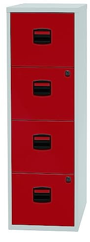 Bisley Home Hängeregistraturschrank mit Schloss aus Stahlblech, 4 Schubladen, einbahnig - Hängeregisterschrank abschließbar, Hängeregistratur für Hängemappen & Hängeordner - Farbe: grau/rot