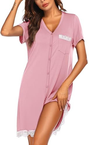 Ekouaer Tee Shirt Chemise de Nuit Femme Boutonnée Maternité Ouverture Devant Vêtements de Nuit, Rose, S