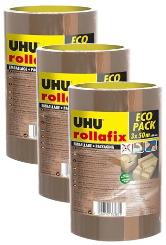 UHU Rollafix - Rubans adhésif d'emballage brun, lot 3 rubans 50m x 50mm (Lot de 3)