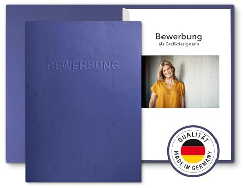 10 Stück 2-teilige Bewerbungsmappen mit 1 Klemmschiene in feinster Lederstruktur und hochwertiger Prägung „BEWERBUNG“ (Blau, 10 Stück)