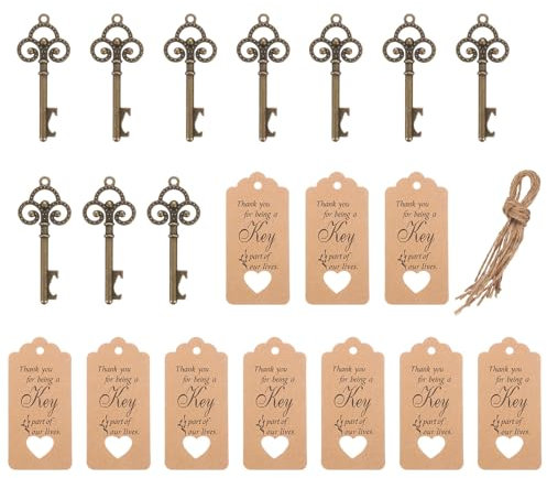 PATIKIL 10 Pcs Vintage Key Bottle Openers Wedding Party Favor Souvenir Gift Set with Thank You Tag, Organza Bags, Rope for Guests, Bronze