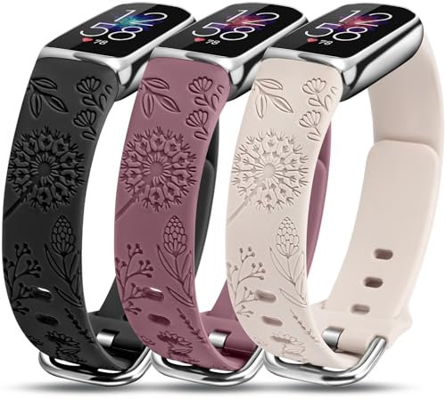 Minyee 3 Packungen kompatibel mit Fitbit Luxe Armbänder für Damen, weiches Silikon, florales Gravur, Sportarmband, ausgefallenes Löwenzahn-Armband, Ersatz für Fitbit Luxe, Schwarz + Violett Smoke +