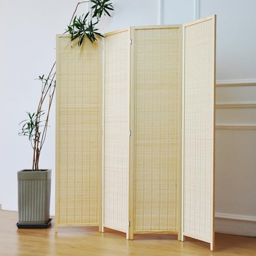 Furnnylane 4 Panel Bamboo Room Divider and Folding Panel Screen,Bamboo Panel Divider for Room Separation,Beige,170 cm H x 156 cm W