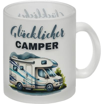 Wohnmobil Glas Tasse mit Spruch Glücklicher Camper Wohn-Wagen Gemüt Anhänger für Campingfreuden Mobiles Heim als Kaffeepause Unterkunft