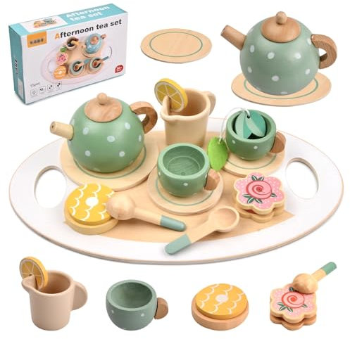 Vesaneae Juegos de Té Infantiles, Servicio de Té de Madera Juguetes de Madera, Juego de rol de Comida Juguete para Cocinita, Juegos de Té para Niñas, Juego de Comida para Niños Niñas, Fiesta de Té