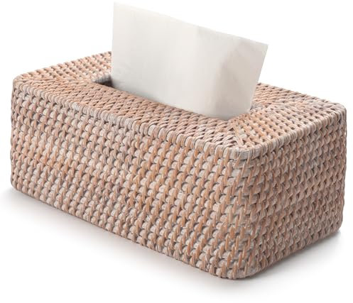 YANGQIHOME Scatola rettangolare in rattan, riempibile per fazzoletti cosmetici e da tasca, artigianale per soggiorno, tavolo da pranzo, camera da letto, 26 x 10,5 x 15,5 cm, Bianco spazzolato