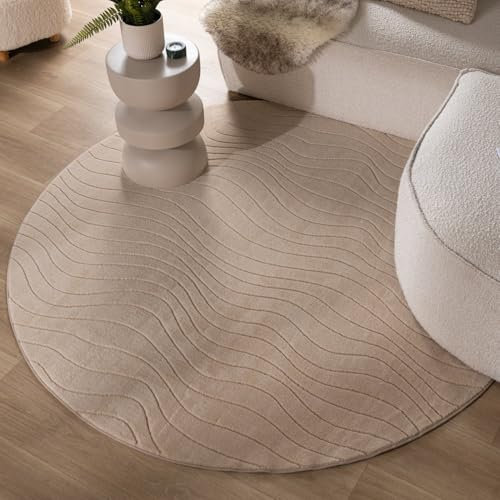 FRAAI | Home & Living Runder Teppich Wohnzimmer - Charm Waves Beige - Polyester - Kurzflor - Gestreift, Einfarbig, Gewellt - Waschbar in Waschmaschine - Modern - Wohnzimmer, Esszimmer, Schlafzimmer -