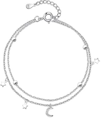 Moon and Star Friendship Bracelet, Adjustable Silver Charm Bracelet with Cubic Zirconia, Women's Birthday Gift