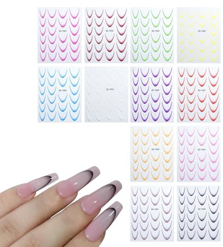 Adesivi Colorati Per French Unghie, 12 Fogli Stickers Punte Per Unghie Autoadesive, Linee A Strisce, Per Manicure Decorazioni Nail, Strumenti Per Stencil