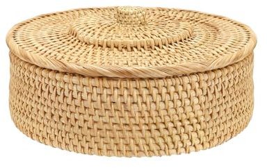 SUMTree Rattankorb Aufbewahrungskorb mit Deckel Dekorative Box Organizer für Regal, Haus, Küche (rund, 26 x 9 cm)