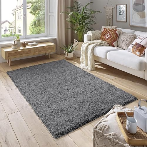 SmartLiving Rug 60 x 110cm Dark Grey Shaggy Rug Soft Thick 5cm Pile Modern Shimmer Area Rug, Fluffy Non Slip Bedroom Living Room Hallway Carpet, Luxury Shiny Floor Rug