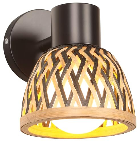 TOKIUS Applique Murale Interieur Vintage Lampe Murale Industrielle en Métal et Bambou Plafonniers Luminaires E27 Rétro Réglable 180° éclairage Mural Cuisine Salon (Noir-en Bambou-1)