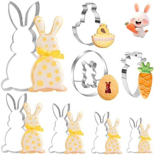 FINEVERNEK Pasqua Formine Biscotti, 8 Pezzi Coniglietto Stampi Biscotti Pasqua, Set di Tagliabiscotti Acciaio Inox Modello Pasqua Uovo, Coniglietto, Regalo Pasquale Ideale e Biscotti Pasquali
