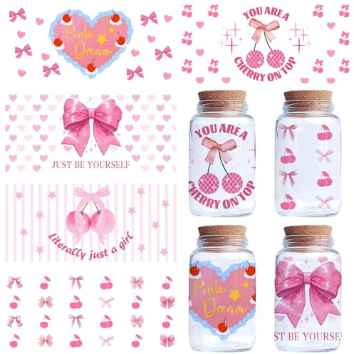 CREATCABIN 5 Pcs 5 Style Pink PVC Cup Wraps Transfer Stickers Glass Transfer Cup Wrap Decals Transfer Stickers Girls DIY Craft Decorations Creative Gifts for Girlfriend Sister Wife 4.33x9.44 Inch