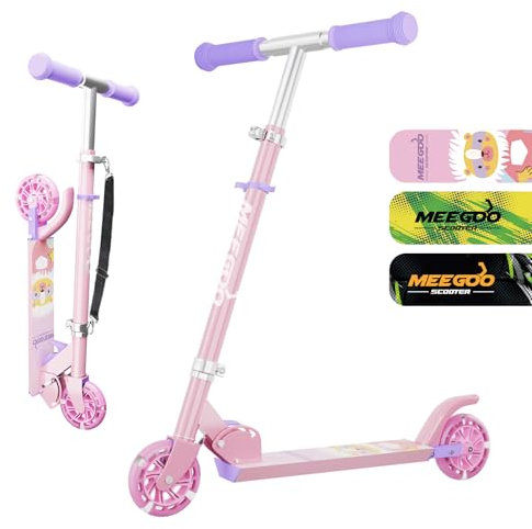 MEE GOO Trottinette pour enfants de 3 ans et plus, en aluminium, pliable, avec roues LED, cadeau pour garçons et filles (rose)