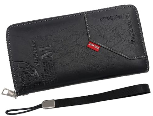 YUEcthynous Portafogli lunghi da uomo in pelle PU con chiusura lampo, molti scomparti per carte di credito con cinturino da polso, grande capacità con cerniera singola, a, m, Rétro