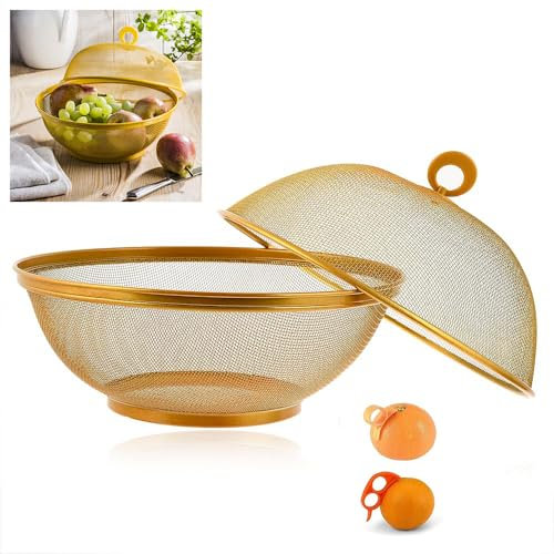 HK Online Gold Apple Mesh Fresh Fruits Basket & Ring Citrus Peeler, Fruit Bowl, Decorative Tablepiece -Keep Unwanted Pets, Bugs & Insects Out (Metallic Gold Basket & Peeler)