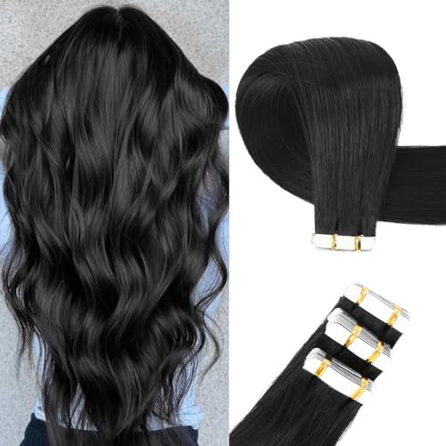 Originea Invisible Tape Extensions, Real Hair Extensions, 20 Pieces, 50g, 45cm, Jet Black Extensions Echthaar, Tape In Extensions Echthaar, Silky Skin Weft Tape Ins #1