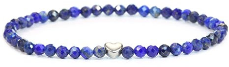 LAKADA Echtes Lapislazuli Edelstein Armband mit facettierten 4mm Perlen und Edelstahlherz Heilstein Schutzstein Edelsteinarmband Glücksbringer Talisman Geschenk (Lapislazuli, 15CM, S)