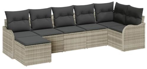 vidaXL Garten-Sofa-Set mit Kissen 7 pcs Hellgrau Poly Rattan, Garten und Terrasse, modernes Outdoor-Sofa-Set, höhenverstellbare Füße, modulare Lounge-Möbel