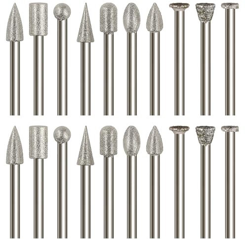 20Pcs Diamond Grinding Burr Bit Set for Dremel Rotary Tool, Diamond Burr Bits with 1/8 Inch Shank Rotary Tool Accessories for Stone Carving Glass Ceramics Carving Polishing Wood Engraving