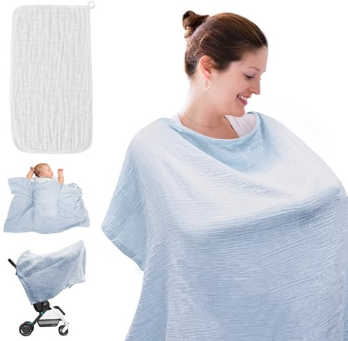 JJKOL Stilltuch für Unterwegs, 100% Baumwolle Stillschal, Musselin-Abdeckung zum Stillen von Babys, Mit 1 Babywaschlappen, Weiche Atmungsaktive und Verstellbare Riemen, für Kinderwagen, Hellblau