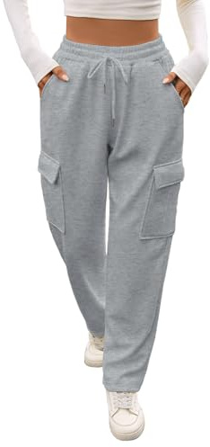 Kfnire Damjoggingbyxor fleecefodrade byxor kvinnor vinter med lastfickor elastisk hög midja raka ben joggingbyxor för kvinnor, Ljusgrå, L