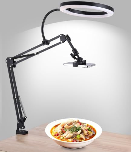 Handy Stativ mit 10 Zoll Ringlicht, Overhead Tischstativ, Fernbedienung | Flexibler Kameraarm mit 3 Lichtfarben, 10 Helligkeitsstufen und 360° Drehung für Videos, Livestreams und Fotos