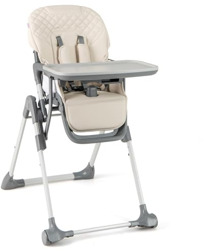 DREAMADE Klappbarer Hochstuhl Baby, Kinderhochstuhl, Baby Essstuhl, 2 Neigungspositionen & 3 Tablettpositionen, tragbarer Kinderstuhl mit 2 Rädern, von 6 bis 36 Monaten (Beige)