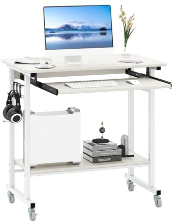COSTWAY Bureau d'Ordinateur à roulettes, Bureau Informatique Mobile avec Plateau Clavier Extractible, 3 Crochets, Étagère de Rangement, pour Bureau à Domicile, Chambre d’Enfant (Blanc)