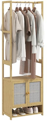 HOMCOM Perchero con Armario Burro con Zapatero 53x31x168 cm Natural | Bambú, Perchero para Ropa, Barra para Colgar, Estante Ajustable, Entrada Pasillo Habitación