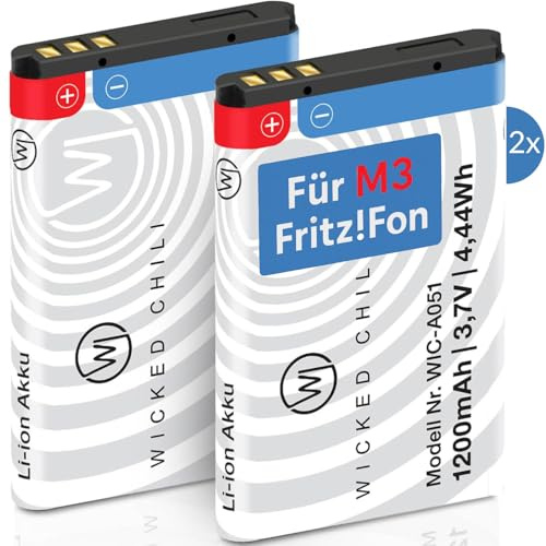 Wicked Chili 2X Akku für AVM Fritz!Fon M3, Ersatzakku mit +20% Kapazität | Ersatzakku für Fritzfon VOIP Telefon, Zubehör für original Fritz Fon Batterie BT239865 Mod. 523450AR1000 (1200mAh Li-Ion)