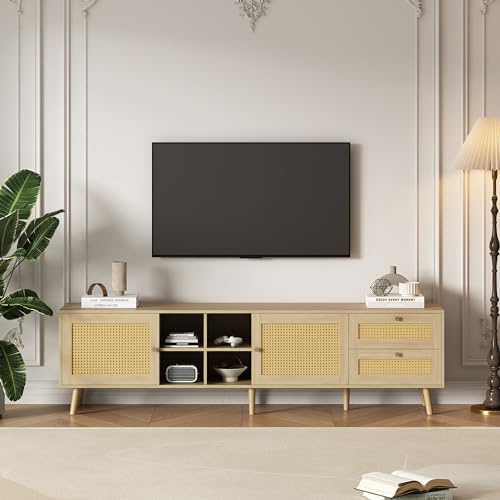 MAMAINI 180 x 40 x 55 cm. Elegante mueble de TV de madera y 2 puertas de ratán, 2 cajones de ratán, apto para televisores de 80 pulgadas