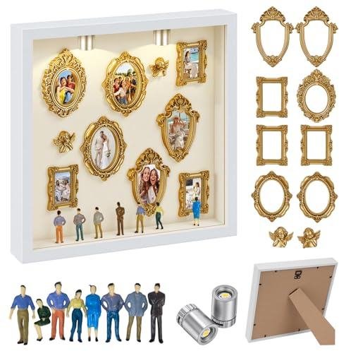 Homgaty Mini Museum Bilderrahmen Vintage,Foto Erinnerungsanzeige Set mit 2 Engel & 8 Mini Rahmen & 8 Zufällig Figuren, Kreatives Bilderrahmen mit LED Licht für Jahrestag, Hochzeit