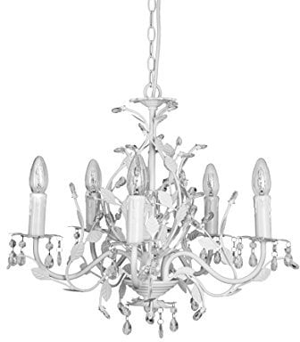 Grafelstein Kronleuchter Leaves - 5-armiger Kronleuchter mit Kristallen und Blättern - Ø 50 cm - E14 Fassungen für max. 40 Watt, Metall - Weiß