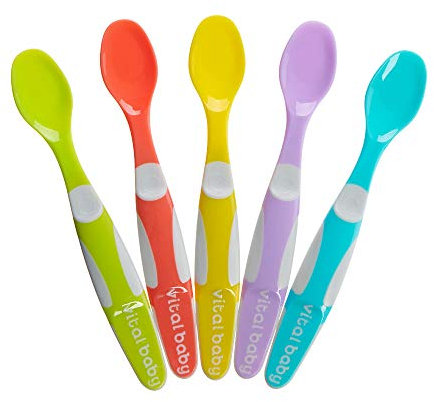 Vital Baby Nourish Start Weaning Spoons - Baby & Toddler Spoons - Shallow Flexible Spoon Tips - Hygienic Footrest - BPA, Phthalate & Latex Free - 4 Months+ Baby Feeding Spoons, Pack of 5