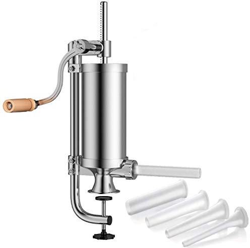 SHEANAON Manuel Poussoir à Saucisses Vertical - Machine à Viande Hachée, 2,5Lbs Remplissage Professionnel en Alliage d'Aluminium Avec 4 Tubes