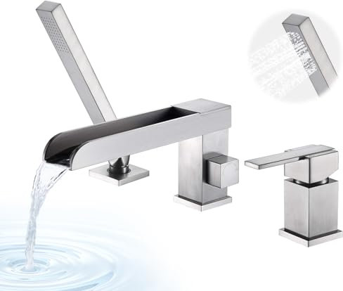 Kruzoo YG6302BN Robinet de baignoire en cascade contemporaine avec douchette à main et bec plus long, poignée unique 3 trous, nickel brossé
