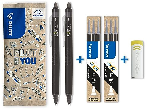 PILOT - 2er-Set Frixion Point Clicker - Tintenroller 0.5 mm mit löschbarer mit Druckmechani - Thermosensitiver Tinte + 2 Sets mit 3 Minen + Radiergummi - Scharwz - Nachfüllbar - Feiner Spitze